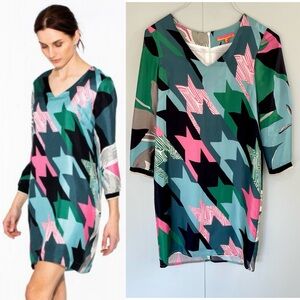 VILLAGALLO Silk Doris Dress in Geometric Houndstooth Print size 38